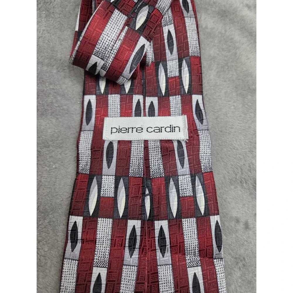 Pierre Cardin Silk Tie Retro Red Black‎ Silver Geometric